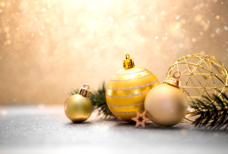 View of a Christmas background with christmas balls, gifts and decorationの写真素材