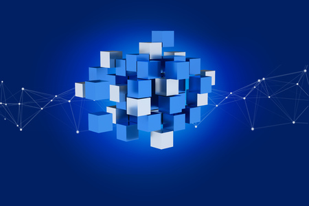 View of a 3d rendering blue and white cube on a color background