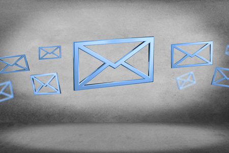 View of Blue Email symbol displayed on a color background - 3D renderingの写真素材