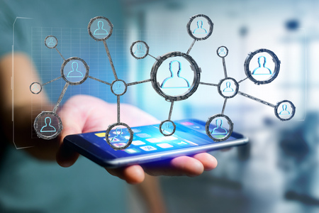 View of a Network connection with people linked each other in technology wheel - 3d rendering