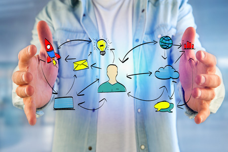 View of Hand drawn icon of business, multimedia and technology in interaction with a people の写真素材