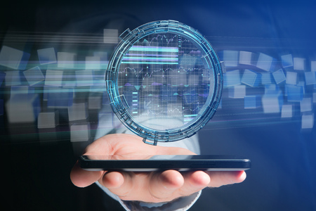 View of a Hologram made of wheel with a futuristic finance data interface - 3d renderの写真素材