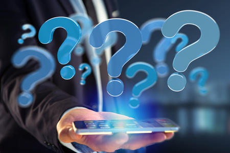 View of a Blue question mark displayed on a futuristic interface - 3d renderingの写真素材