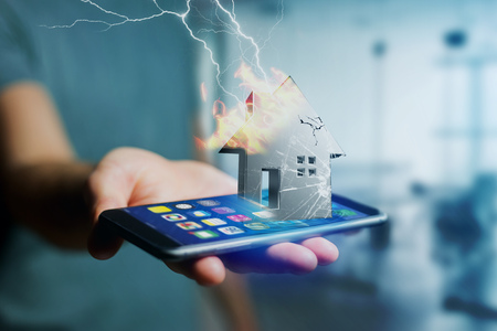 View of a Shinny damaged silver house displayed on a futuristic interface - 3d renderingの写真素材