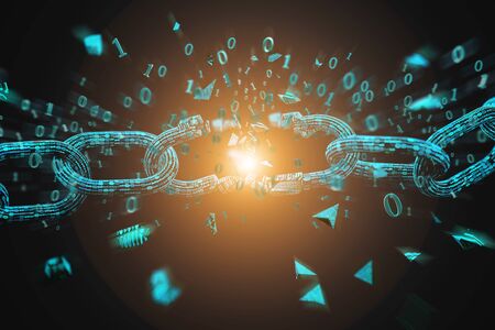 View of Weak link of a Broken blockchain exploding - 3d renderの写真素材