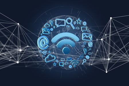 view of a wifi symbol connection surrounded by multimedia and internet application - 3d render