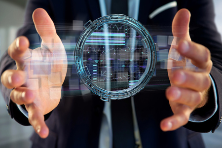 View of a Hologram made of wheel with a futuristic finance data interface - 3d renderの写真素材