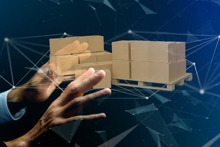 View of Pallet of carboxes with network connection system - 3d renderの写真素材