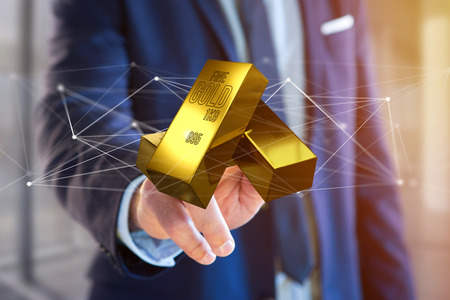 View of a Gold bullion shinning in front of connection - 3d renderの写真素材