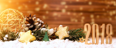 View of a Happy new year 2018 background with christmas decoration