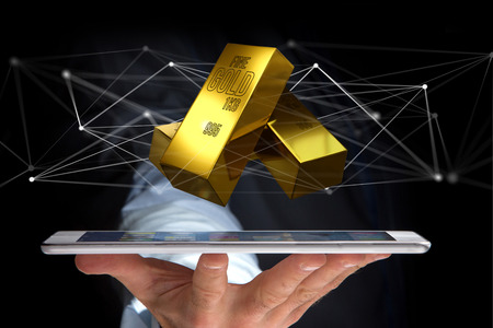 View of a Gold bullion shinning in front of connection - 3d renderの写真素材