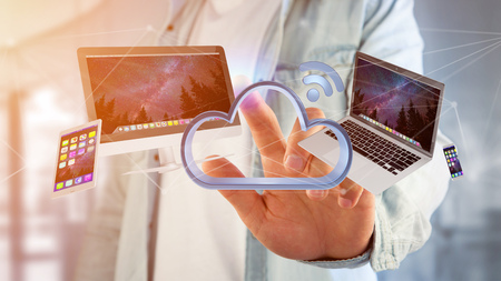 View of a Devices like smartphone, tablet or computer flying over connected cloud - 3d render