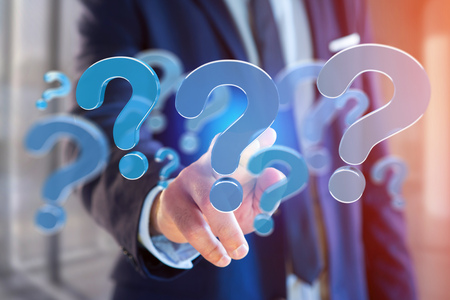 View of a Blue question mark displayed on a futuristic interface - 3d renderingの写真素材