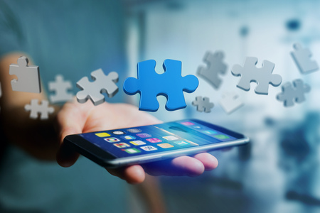 View of a Puzzle pieces on a futuristic interface - 3d renderingの写真素材