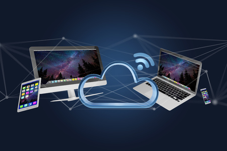 View of Devices like smartphone, tablet or computer flying over connected cloud - 3d render
