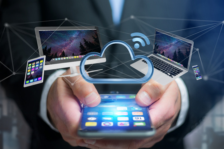 View of a Devices like smartphone, tablet or computer flying over connected cloud - 3d render