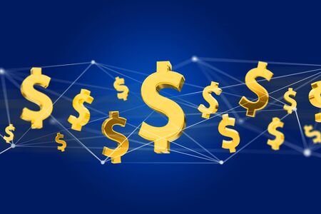 VIew of Dollar sign flying around a network connection - 3d renderの写真素材