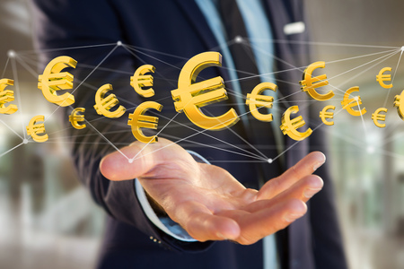 View of a Euro sign flying around a network connection - 3d renderの写真素材