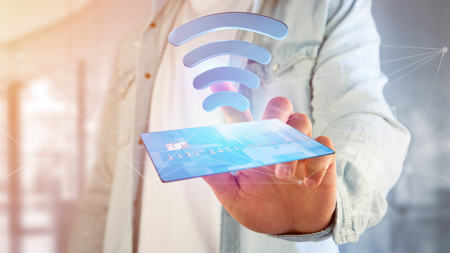 View of Paying with contactless credit card concept - 3d renderの写真素材