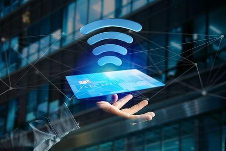 View of Paying with contactless credit card concept - 3d render