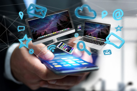 View of Devices like smartphone, tablet or computer flying over connection network and app- 3d renderの写真素材