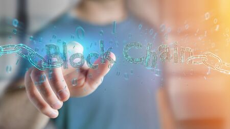 View of a Blockchain title with a cahin made of data number - 3d render