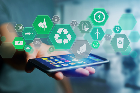 View of a Technology ecologic interface with icon displayed on a futuristic interface