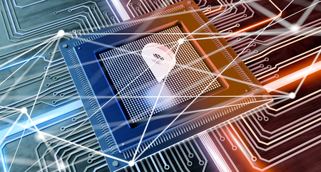 View of a CPU processor chip and network connection on a circuit board - 3d render