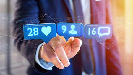 View of a Businessman holding a Like, Follower and message notification on social network - 3d...