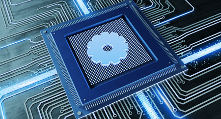 View of a CPU processor chip with a gear and network connection on a circuit board - 3d render