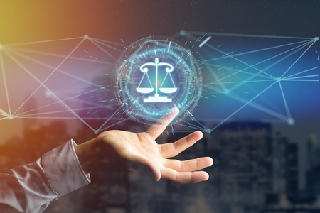 View of a justice balance icon on a futuristic interface の写真素材