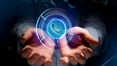 View of a Businessman holding a Shinny technologic phone button - 3d renderの写真素材