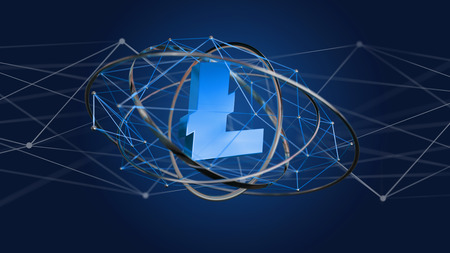 View of a Litecoin crtpto currency sign flying around a network connection - 3d renderの写真素材