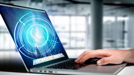 View of a Businessman using a Shinny technologic phone button on his laptop - 3d render