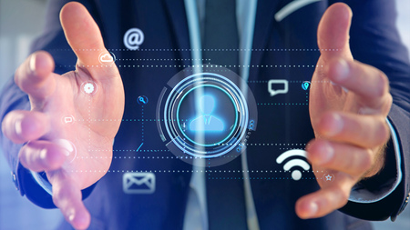 View of a Businessman holding a Contact icon surrounding by app and social icon - 3d render 