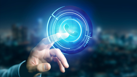 View of a Businessman holding a Shinny technologic phone button - 3d render