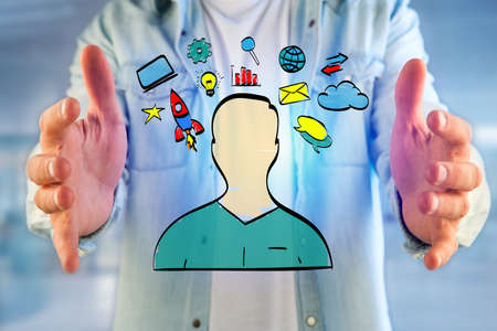 View of Hand drawn icon of business, multimedia and technology in interaction with a people 