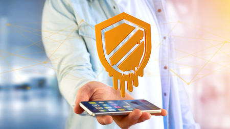 View of a Businessman using a smartphone with a Meltdown processor attack with network connection - 3d renderの写真素材