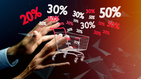 View of a Businessman holding a Red and white Trolley and sales discount - 3d renderの写真素材