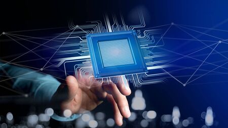 View of a Processor chip and network connection - 3d renderの写真素材