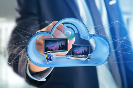 View of a Devices like smartphone, tablet or computer displayed in a cloud- 3d renderの写真素材