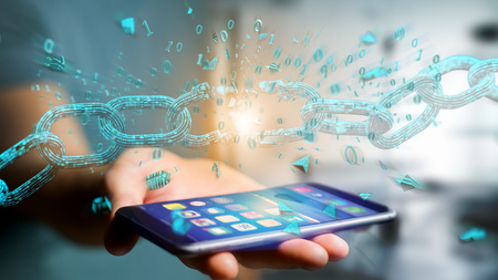 View of a Weak link of a Broken blockchain exploding - 3d renderの写真素材