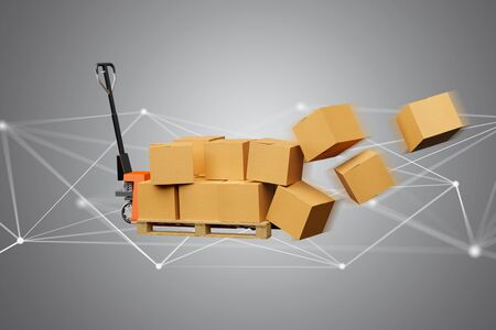 View of a Pallet truck and carboxes with network connection system - 3d renderの写真素材