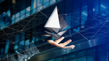 View of a Businessman holding a Ethereum crypto currency sign flying around a network connection - 3d renderの写真素材