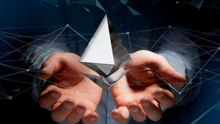 View of a Businessman holding a Ethereum crypto currency sign flying around a network connection - 3d renderの写真素材