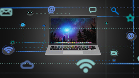 View of a Computer surrounding by app and social icon - 3d render 
