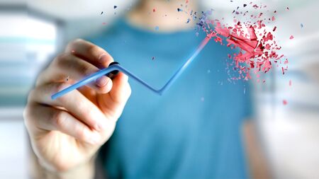 View of a Businessman holding a Financial arrow going up and explosing at the end - 3d renderingの写真素材