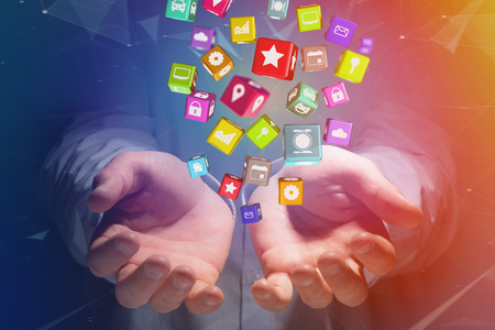 View of a 3D render Colorfull application cube displayed on a futuristic interfaceの写真素材