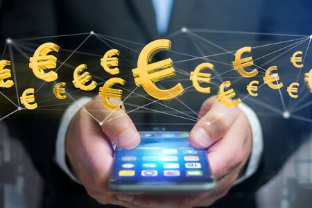 View of a Euro sign flying around a network connection - 3d renderの写真素材