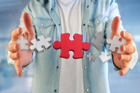 View of a Puzzle pieces on a futuristic interface - 3d renderingの写真素材